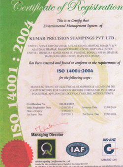 ISO 14001:2004 Quality Certificate for Kumar Precision Stampings Pvt. Ltd.