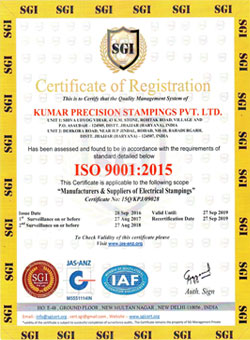 ISO 9001:2015 Quality Certificate for Kumar Precision Stampings Pvt. Ltd.